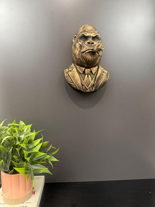 Gentleman Gorilla Wall Sculpture - Boss Ape in Suit Smoking Cigar Art - Gold Bronze Animal Head Bust - Alpha Male Office Decor Man Cave Gift