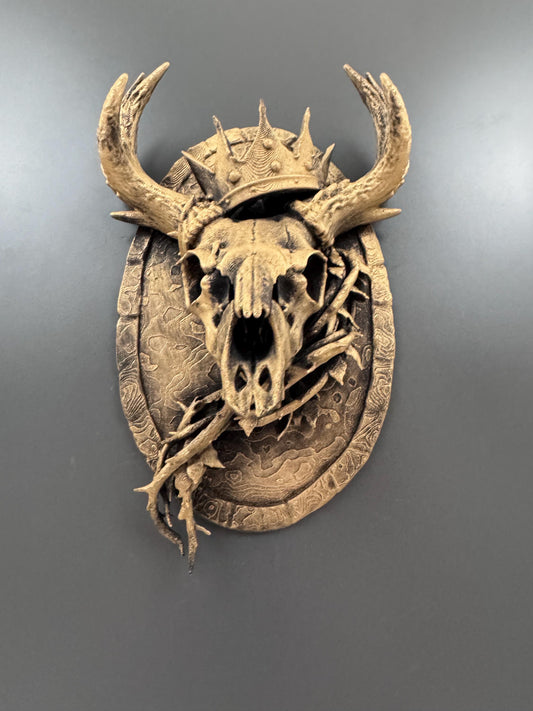 Deer Skull Wall Mount | Crowned Stag Trophy Plaque | Gothic Antler Decor | Dark Fantasy Art | Hunting Lodge Gift