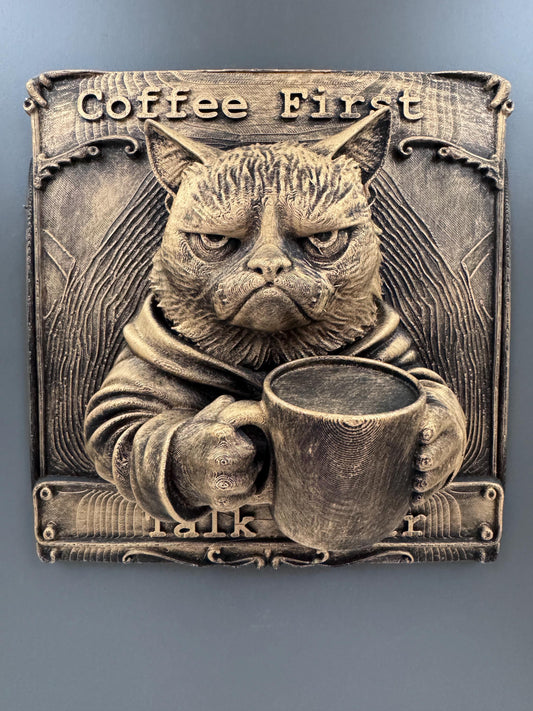 Cat Wall Plaque | Grumpy Cat Coffee First Talk Later Sign | Funny Kitchen Decor | Feline Coffee Bar Art | Cat Lover Gift