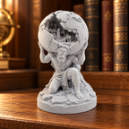 Front view of pale gray Atlas statue kneeling under a cutaway globe with a city inside