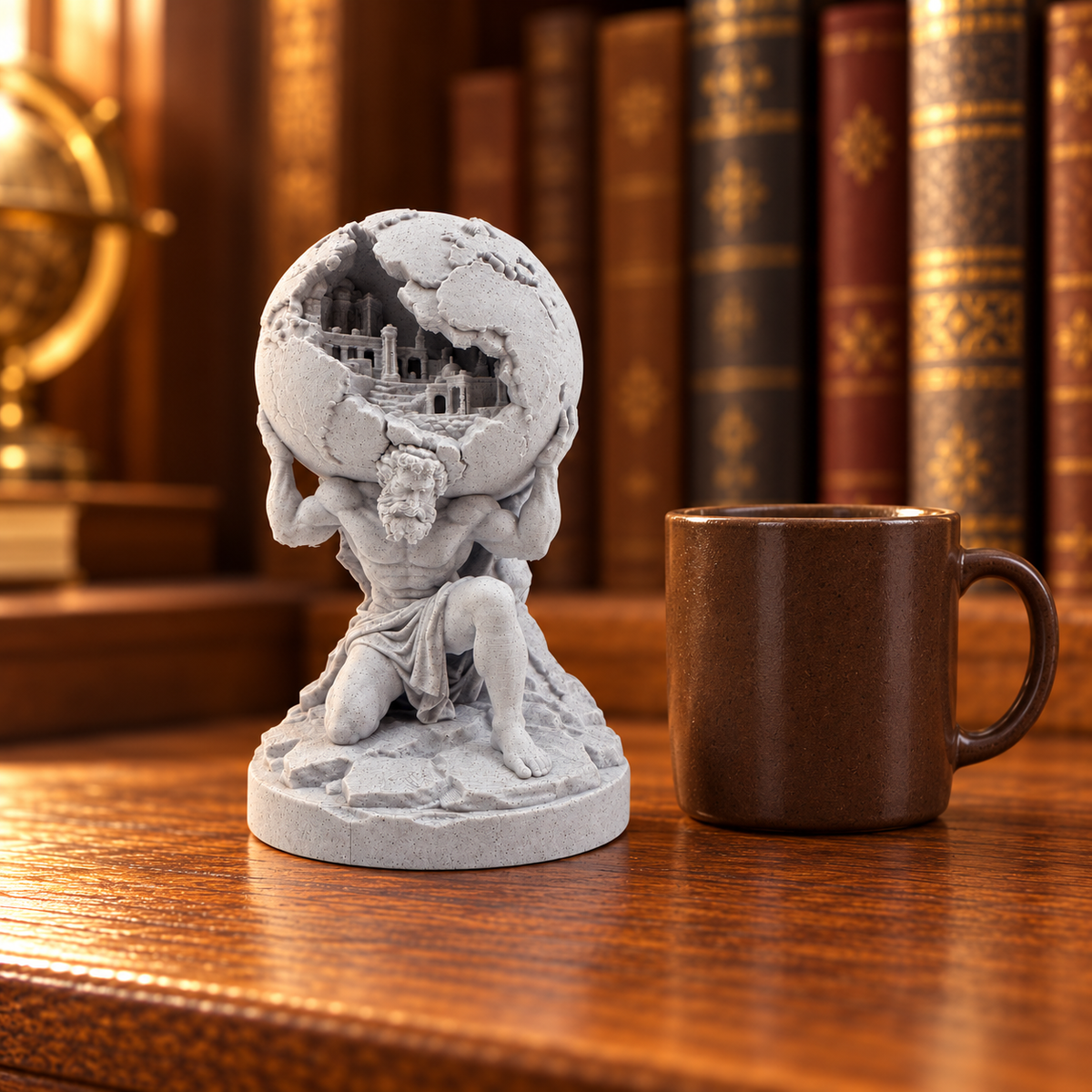 Atlas statue on a wooden shelf beside a coffee mug for scale