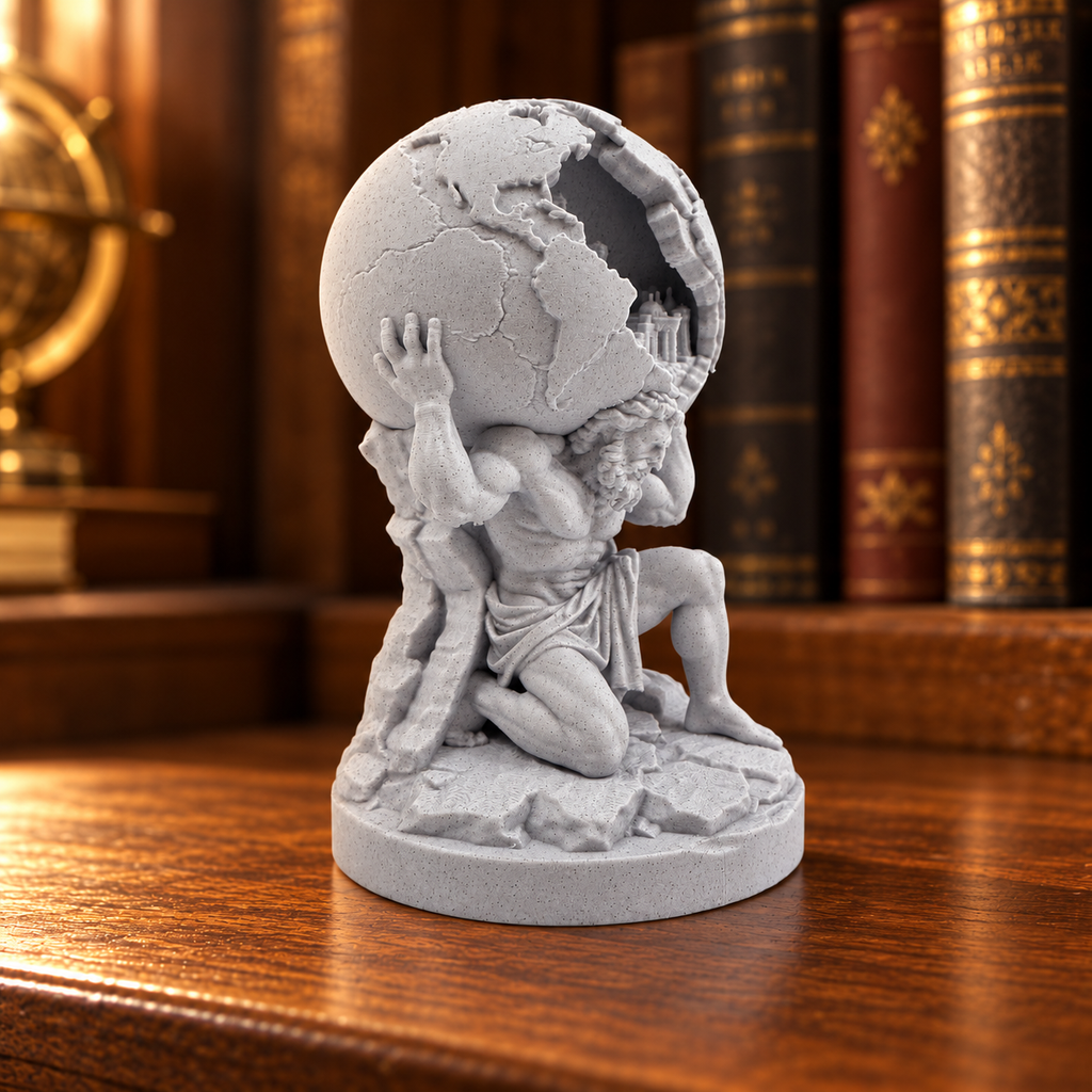 Left angle of the Atlas statue showing the cracked globe and kneeling Titan
