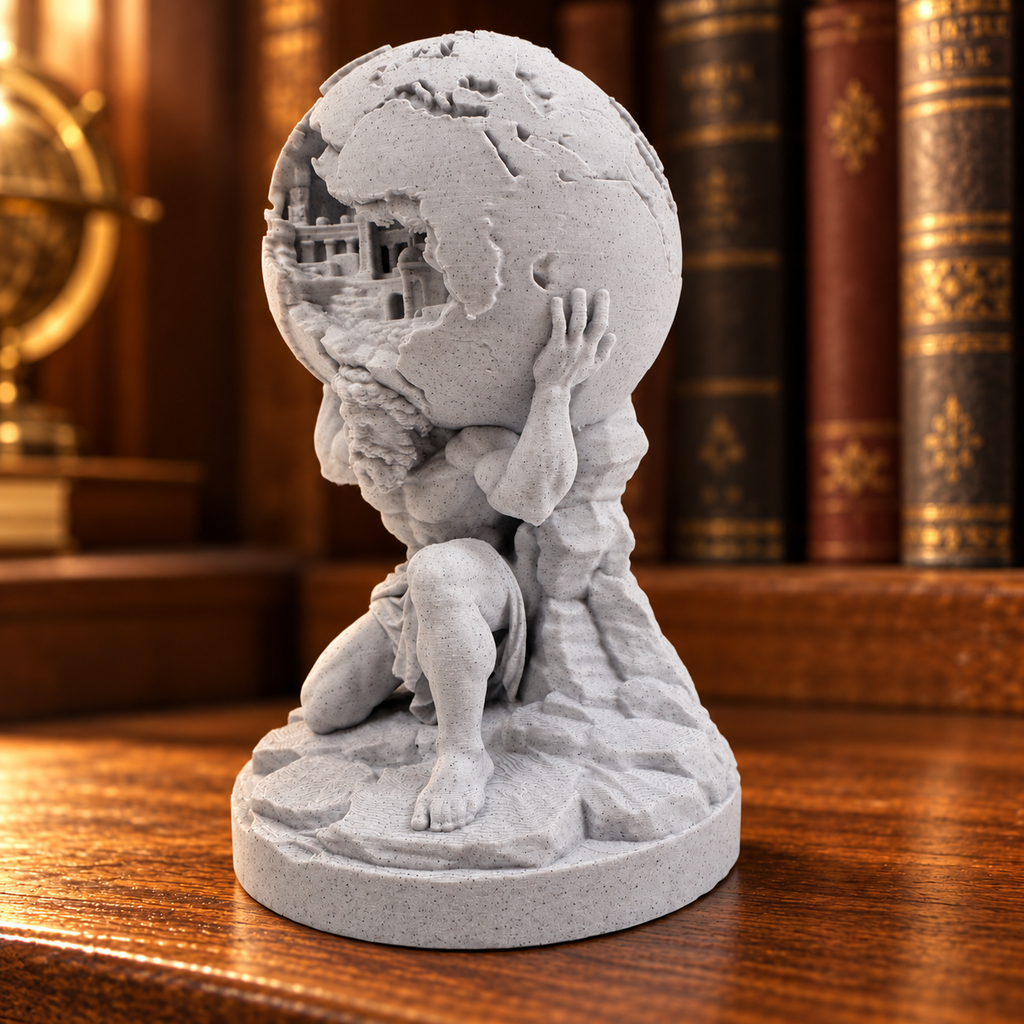 Right angle of the Atlas statue showing the hidden city in the globe