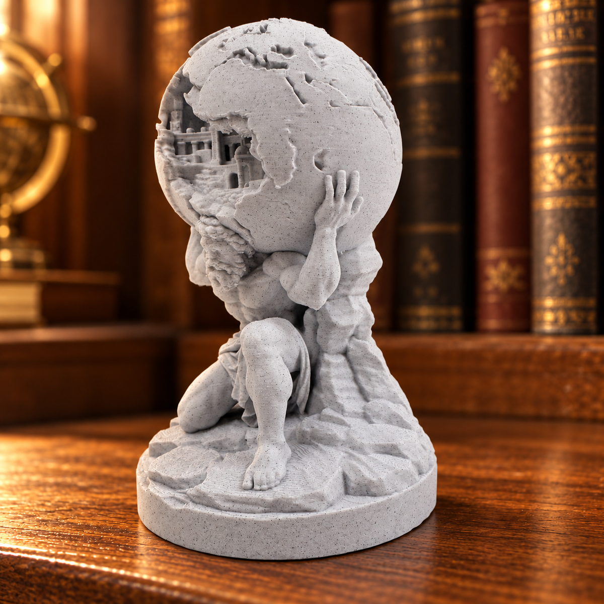 Right angle of the Atlas statue showing the hidden city in the globe