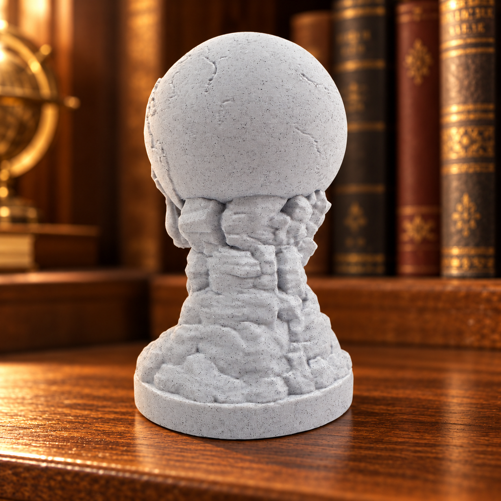Back view of the Atlas statue showing the smooth globe and rocky base