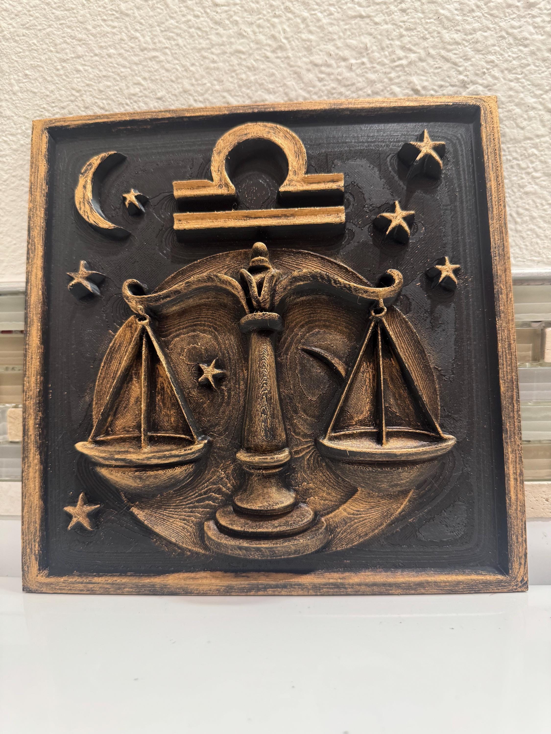 Libra Zodiac Wall Plaque: Antique Gold Scales of Justice Relief Sculpture