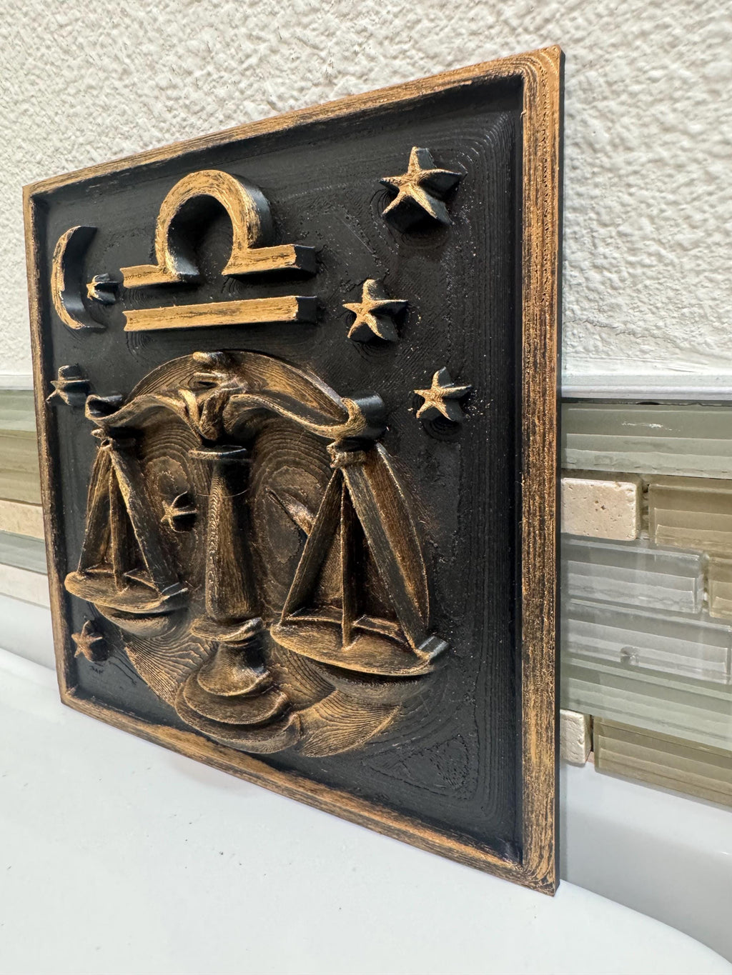 Libra Zodiac Wall Plaque: Antique Gold Scales of Justice Relief Sculpture