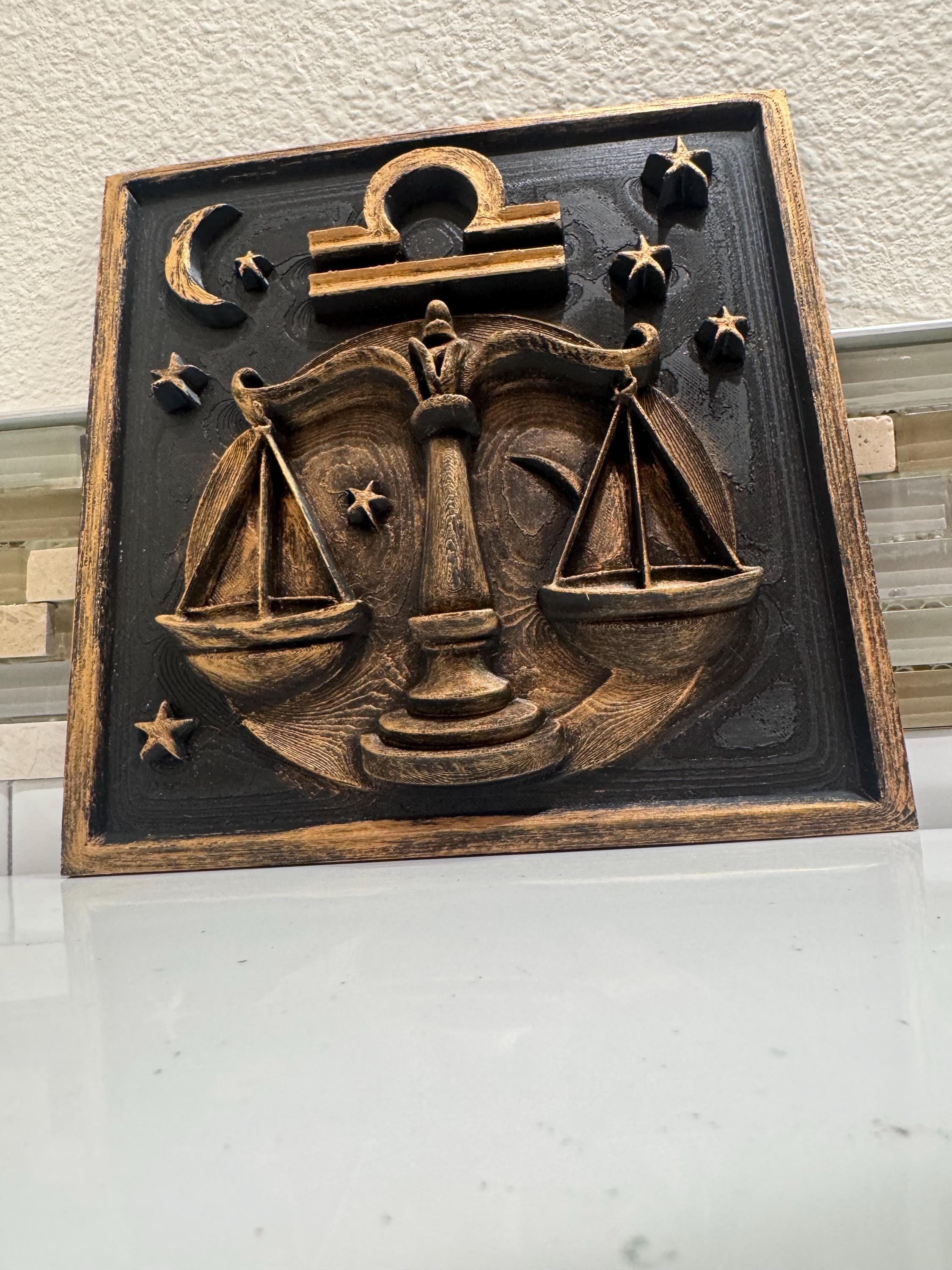 Libra Zodiac Wall Plaque: Antique Gold Scales of Justice Relief Sculpture
