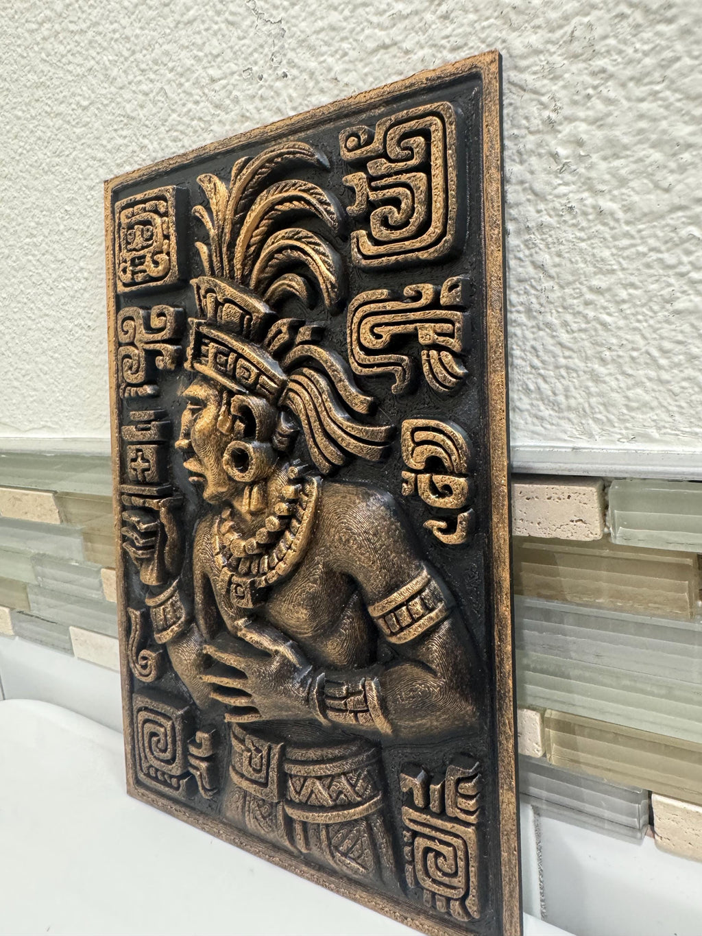 Aztec Warrior Wall Sculpture | Gold and Black Relief Mask | Mesoamerican Wall Art | Ancient Warrior Plaque | Man Cave Gift for Him