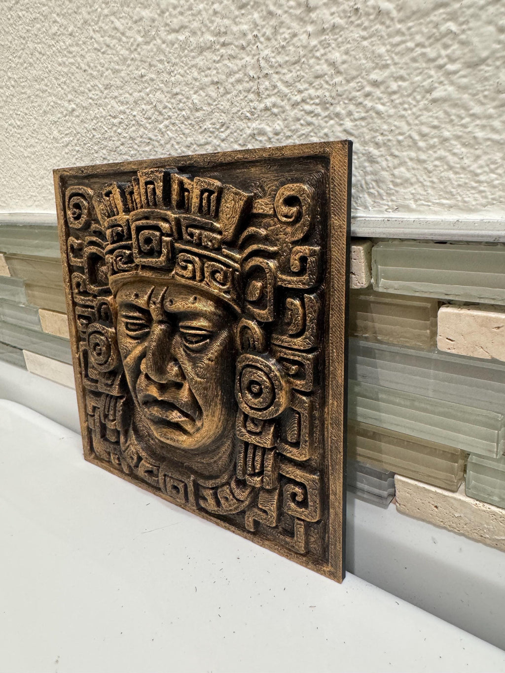 Aztec Warrior Wall Art: Bronze Stone Look, Tribal Decor (6x6 inches)