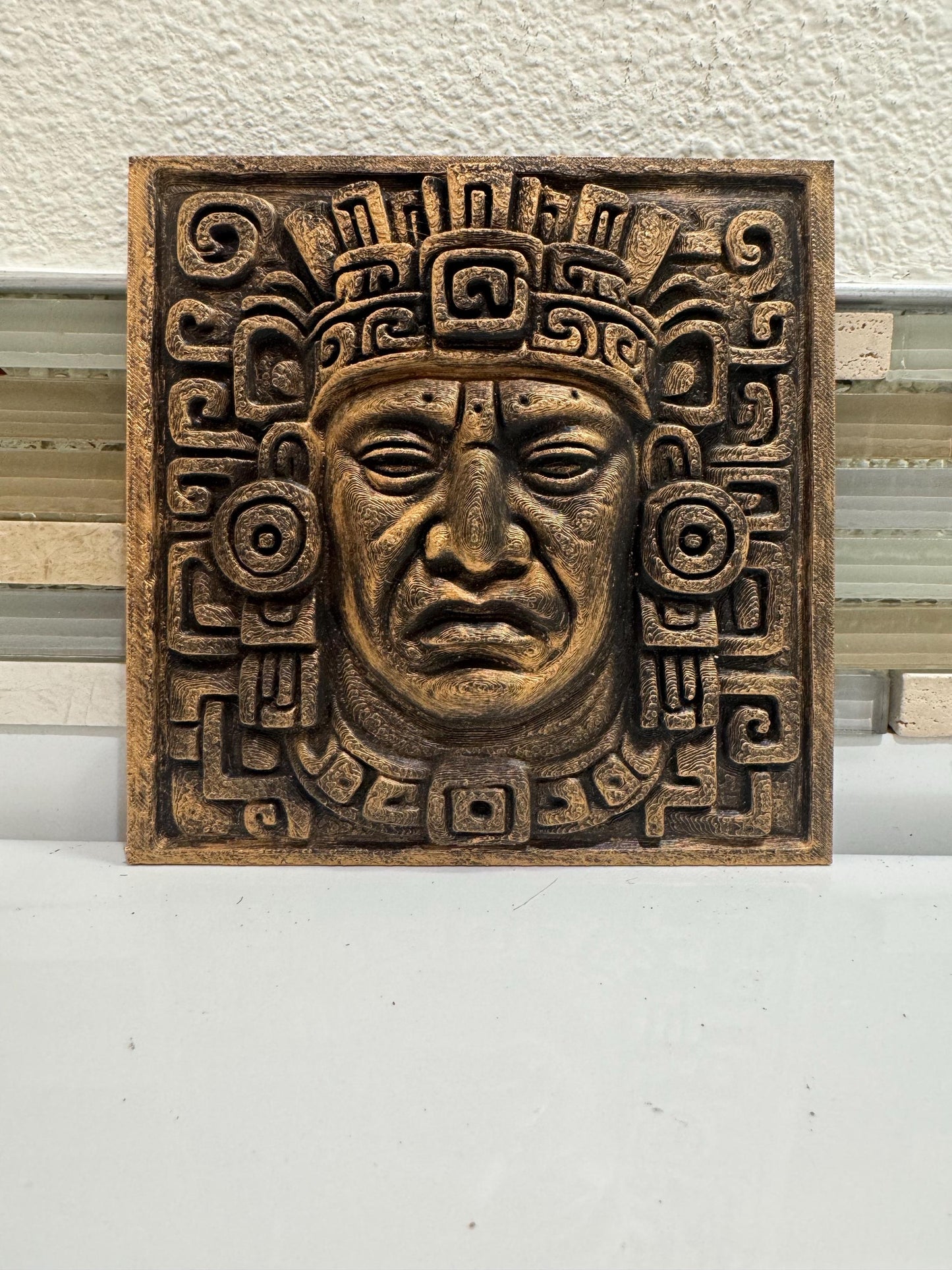 Aztec Warrior Wall Art: Bronze Stone Look, Tribal Decor (6x6 inches)