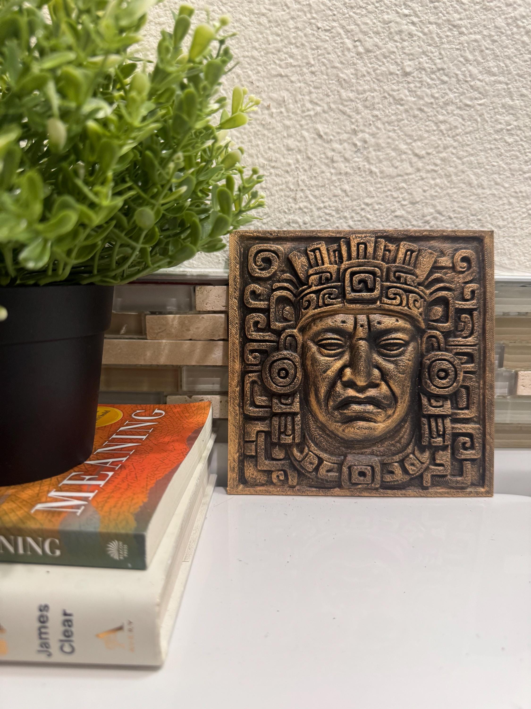 Aztec Warrior Wall Art: Bronze Stone Look, Tribal Decor (6x6 inches)