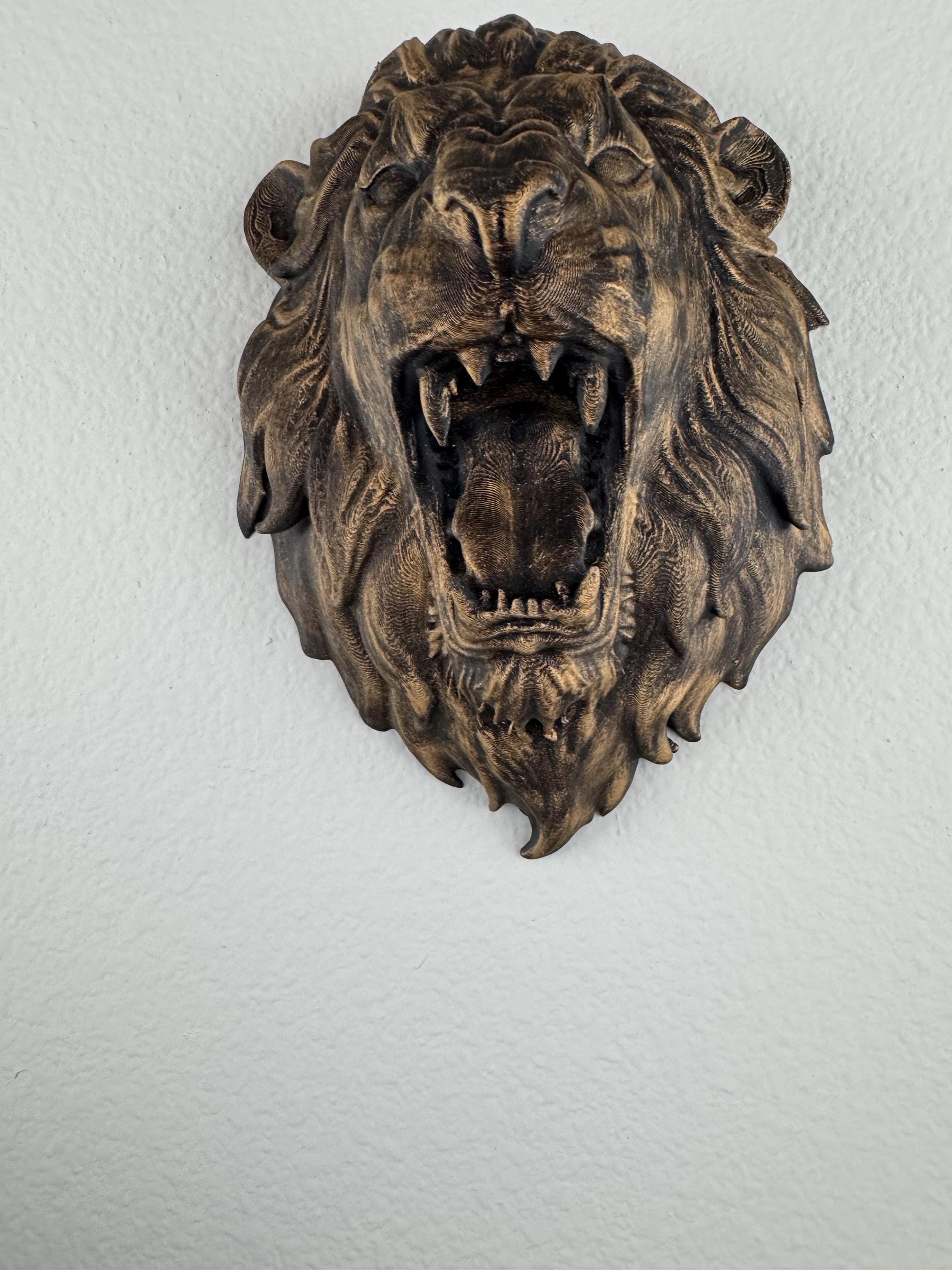Roaring Lion Head Wall Sculpture: Antique Gold Jungle Decor (8.5")