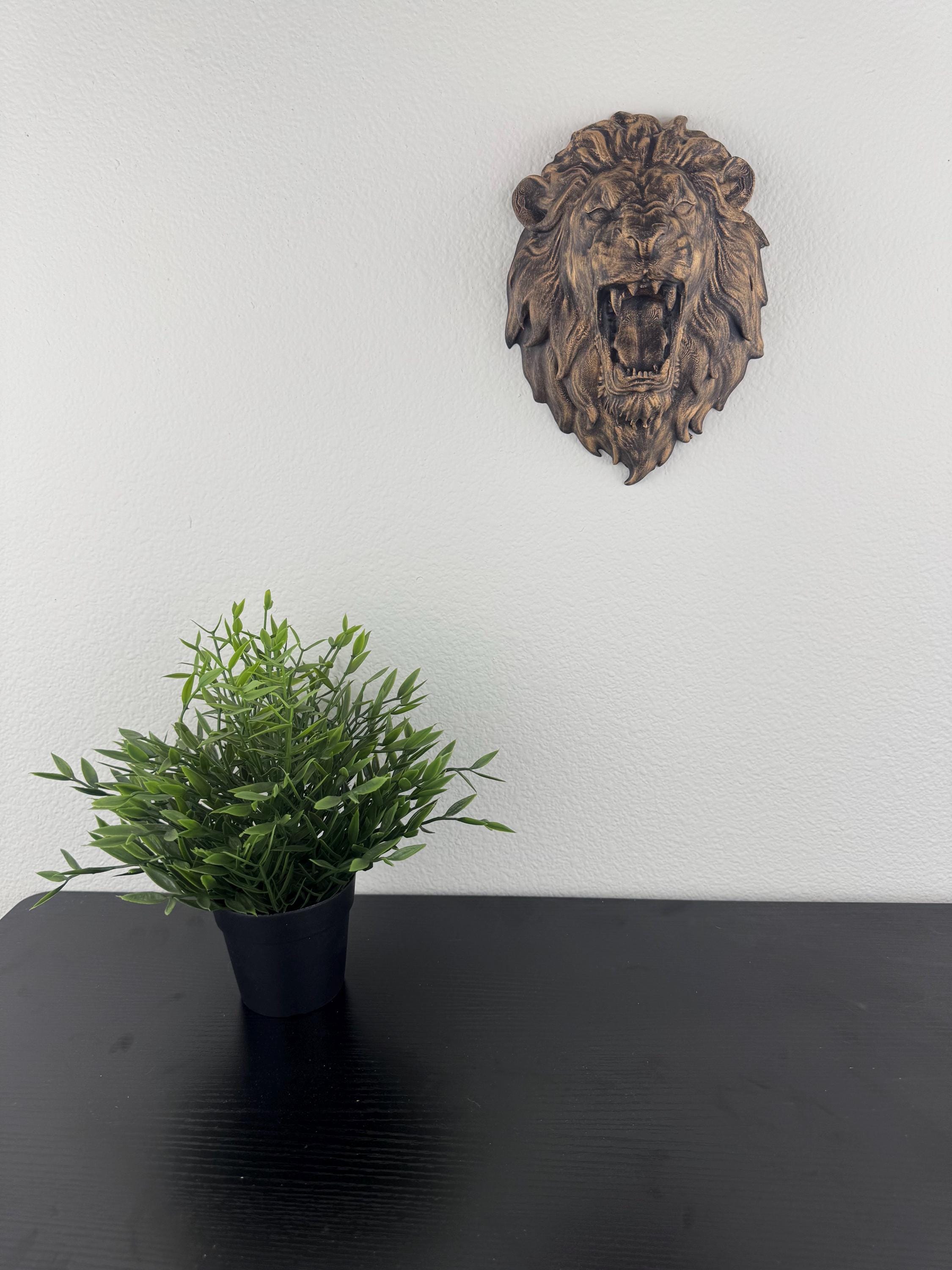 Roaring Lion Head Wall Sculpture: Antique Gold Jungle Decor (8.5")
