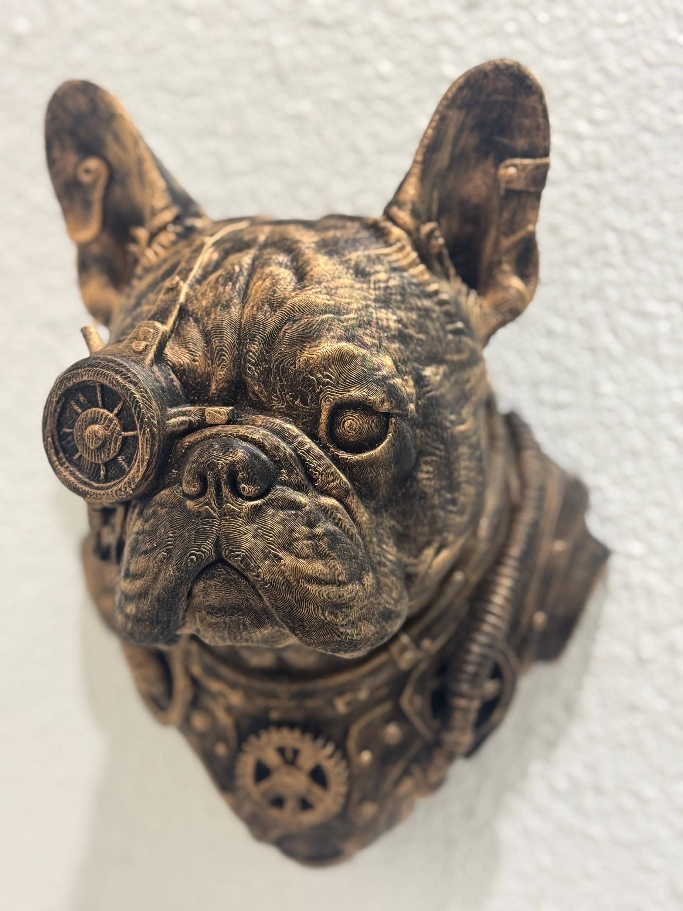 Steampunk French Bulldog Wall Sculpture – Bronze Gear Dog Head Art, Industrial Decor, Retro Futuristic Dog Wall Mount Gift for Dog Lovers