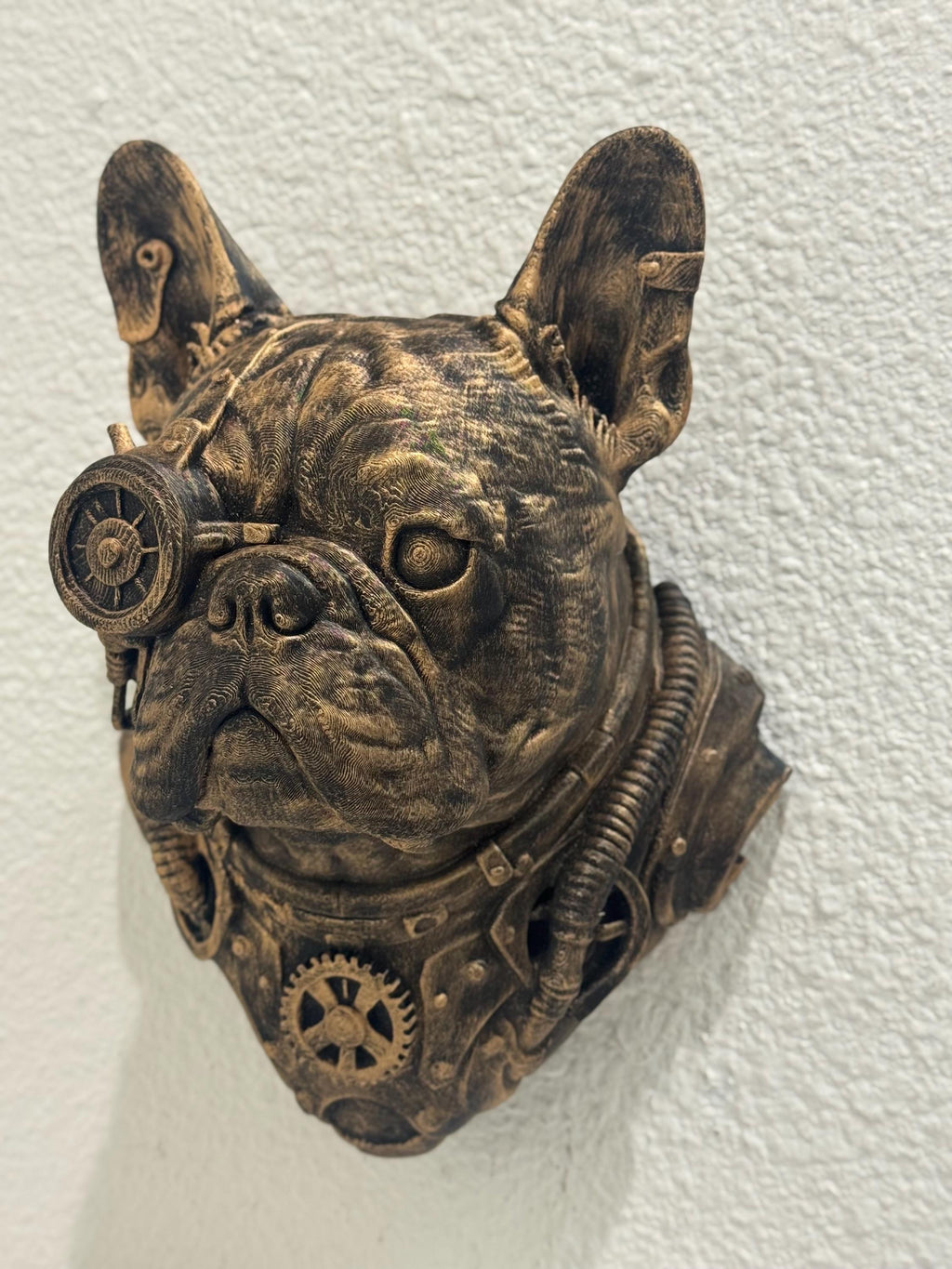 Steampunk French Bulldog Wall Sculpture – Bronze Gear Dog Head Art, Industrial Decor, Retro Futuristic Dog Wall Mount Gift for Dog Lovers
