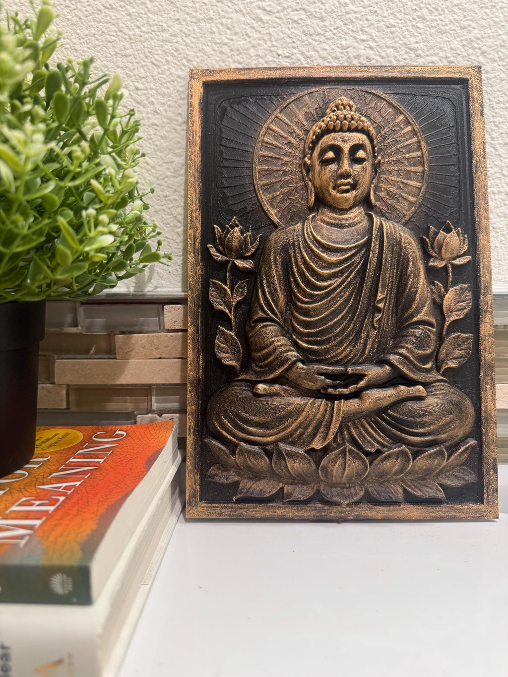Meditating Buddha Wall Plaque: Antique Gold Zen Decor
