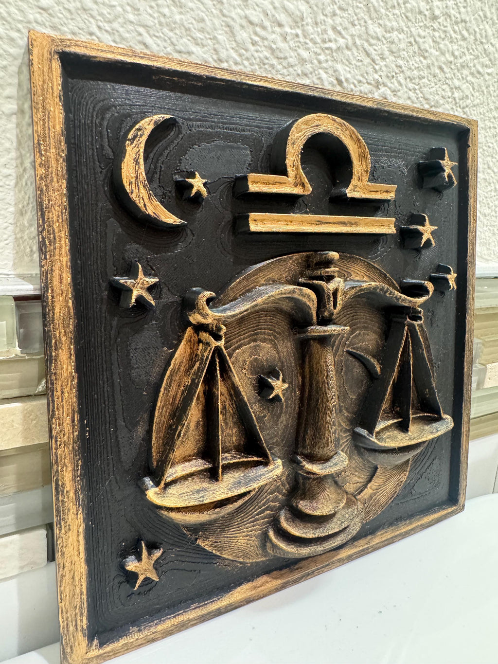 Libra Zodiac Wall Plaque: Antique Gold Scales of Justice Relief Sculpture