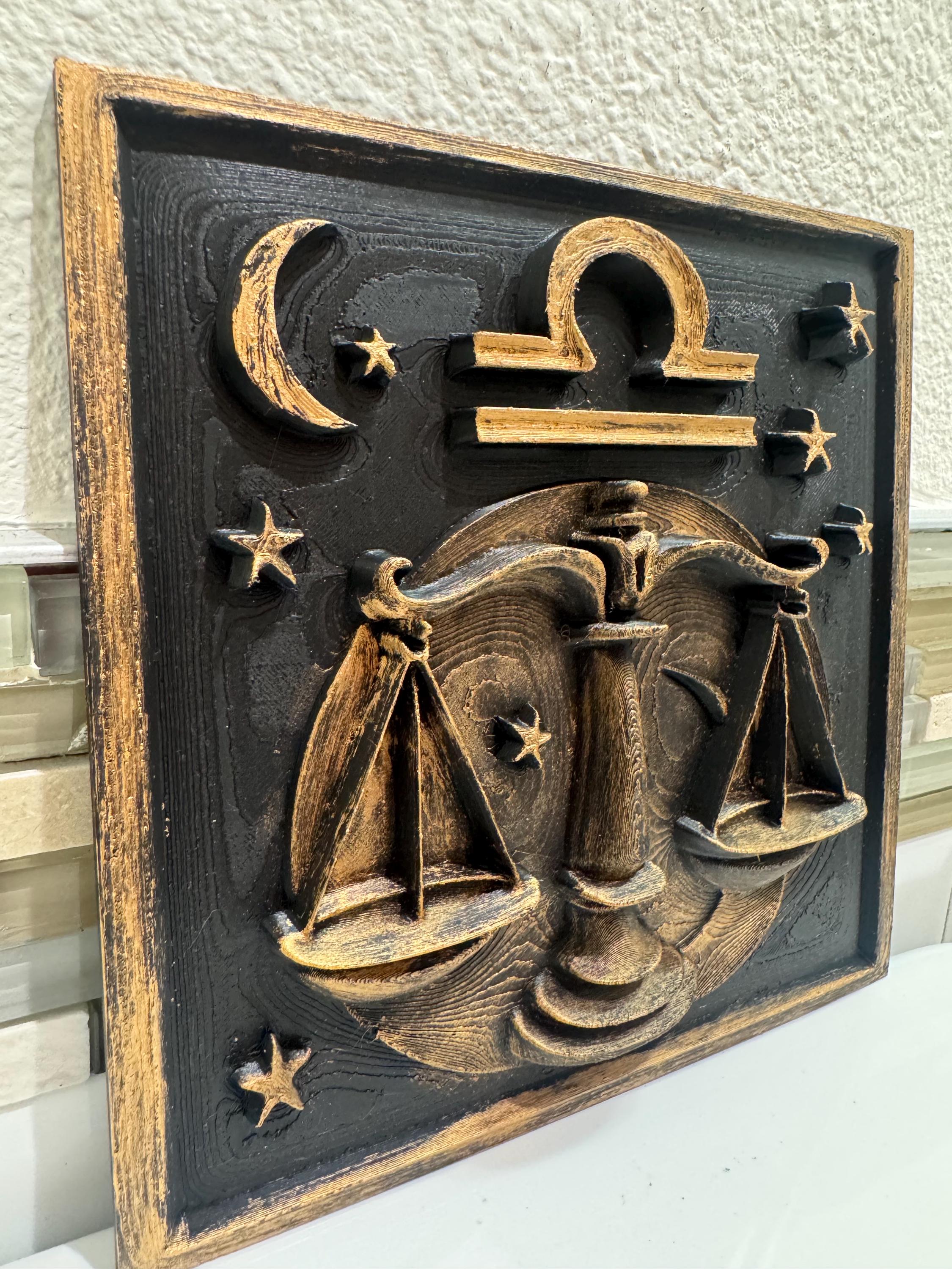 Libra Zodiac Wall Plaque: Antique Gold Scales of Justice Relief Sculpture