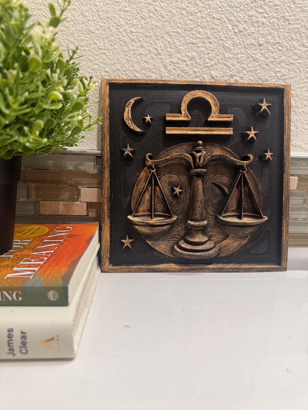 Libra Zodiac Wall Plaque: Antique Gold Scales of Justice Relief Sculpture