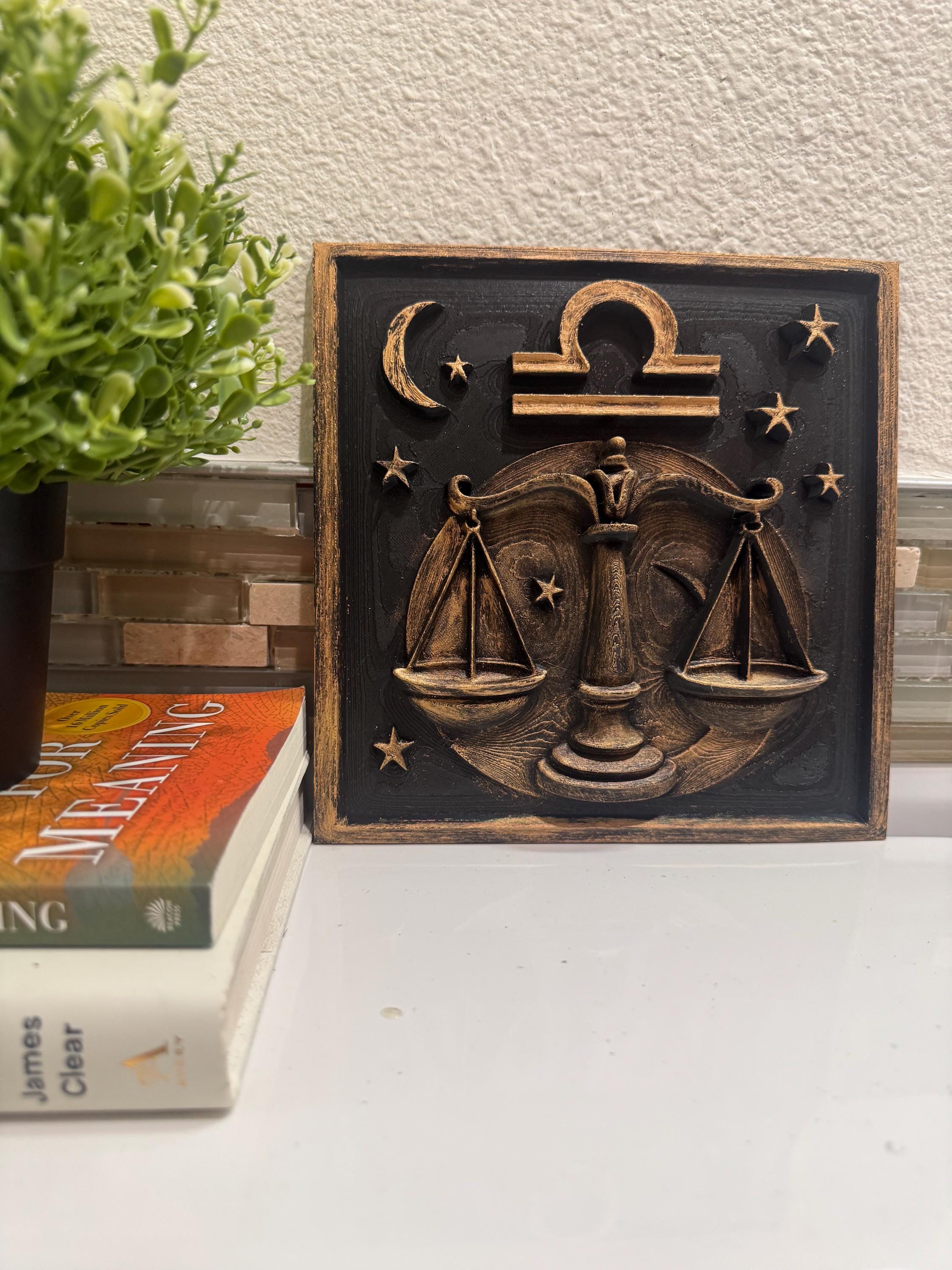 Libra Zodiac Wall Plaque: Antique Gold Scales of Justice Relief Sculpture