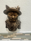 Hand Painted Cat Wall Sculpture – Victorian Dressed Cat Bust with Hat | Antique Bronze Animal Wall Art | Unique Cat Lover Gift Home Decor