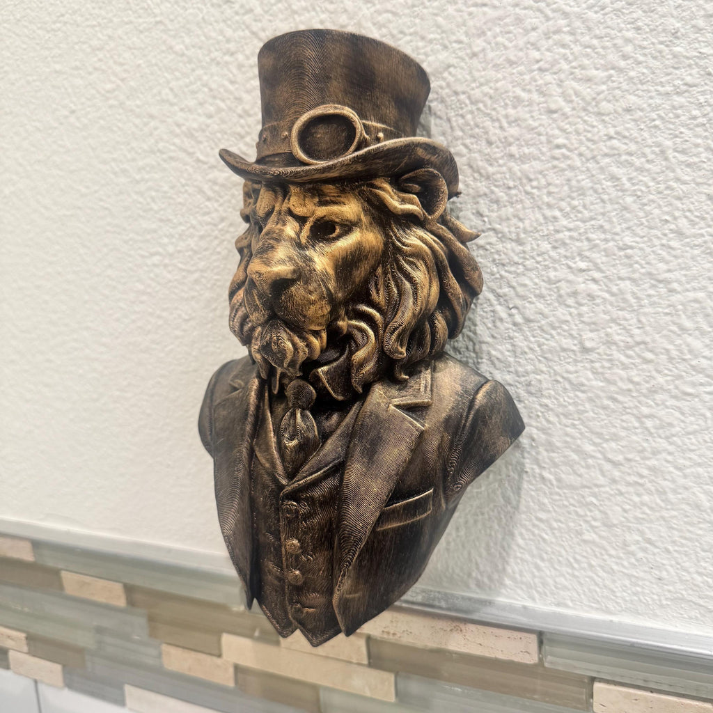 Hand Painted Steampunk Lion Wall Sculpture | Victorian Style Lion in Suit | Hand Painted Animal Bust | Unique Rustic Home Decor Gift