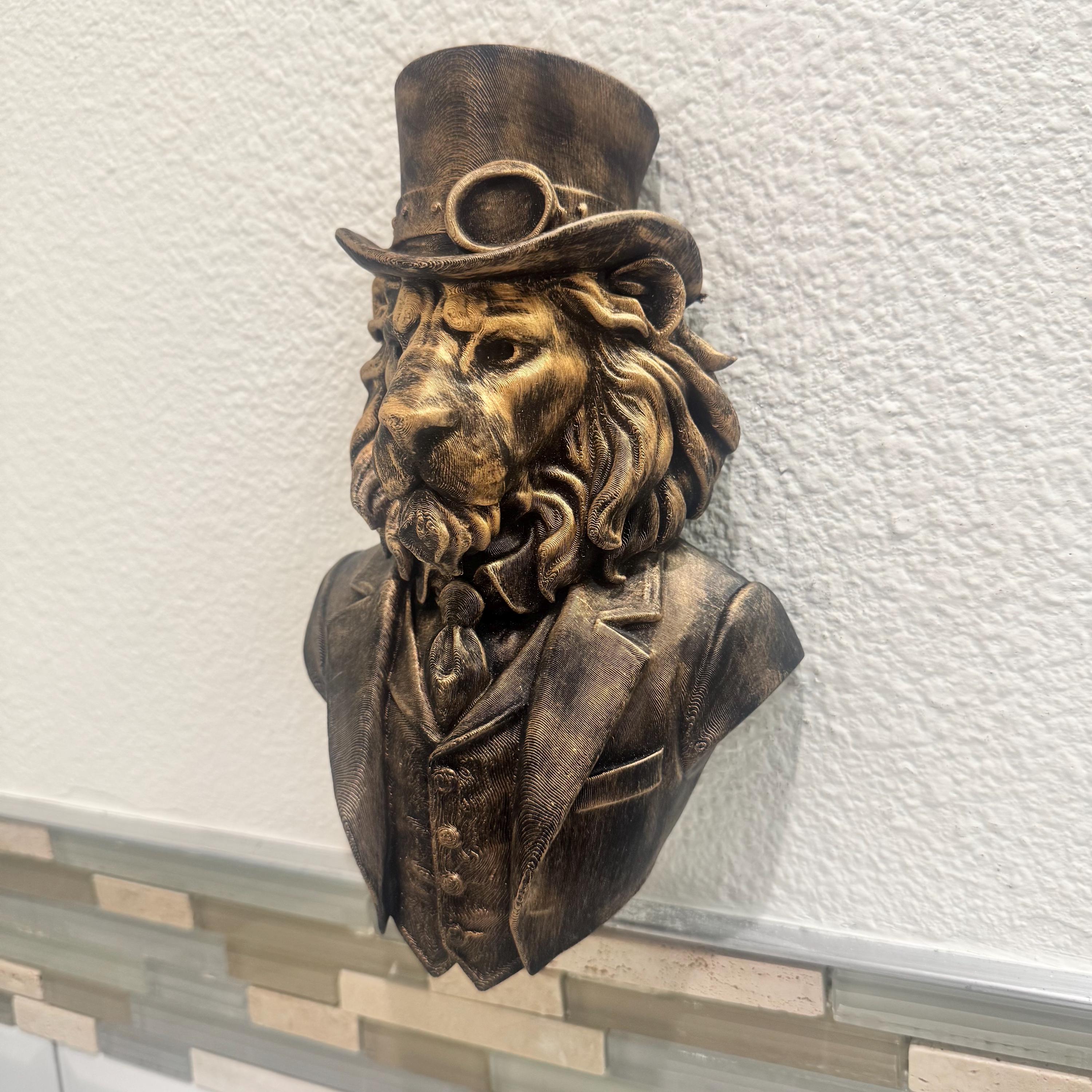 Hand Painted Steampunk Lion Wall Sculpture | Victorian Style Lion in Suit | Hand Painted Animal Bust | Unique Rustic Home Decor Gift