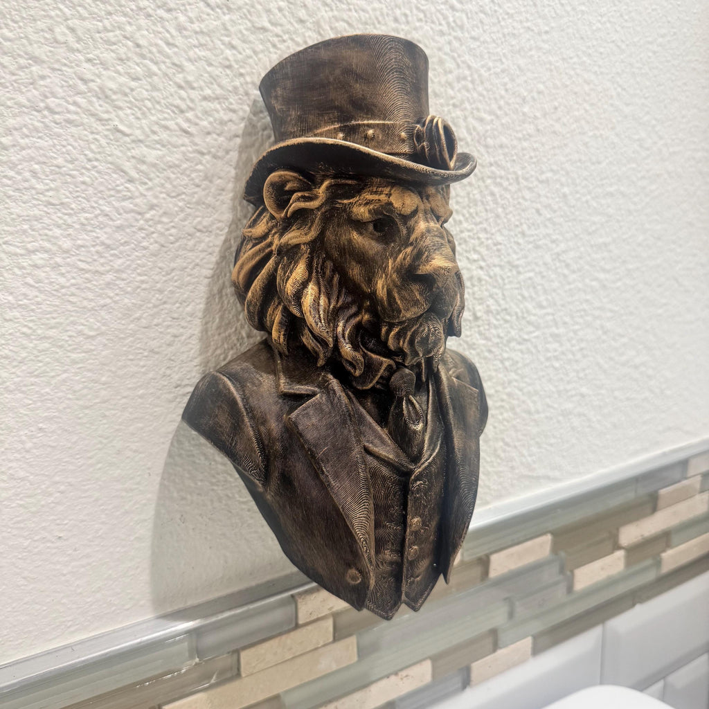 Hand Painted Steampunk Lion Wall Sculpture | Victorian Style Lion in Suit | Hand Painted Animal Bust | Unique Rustic Home Decor Gift