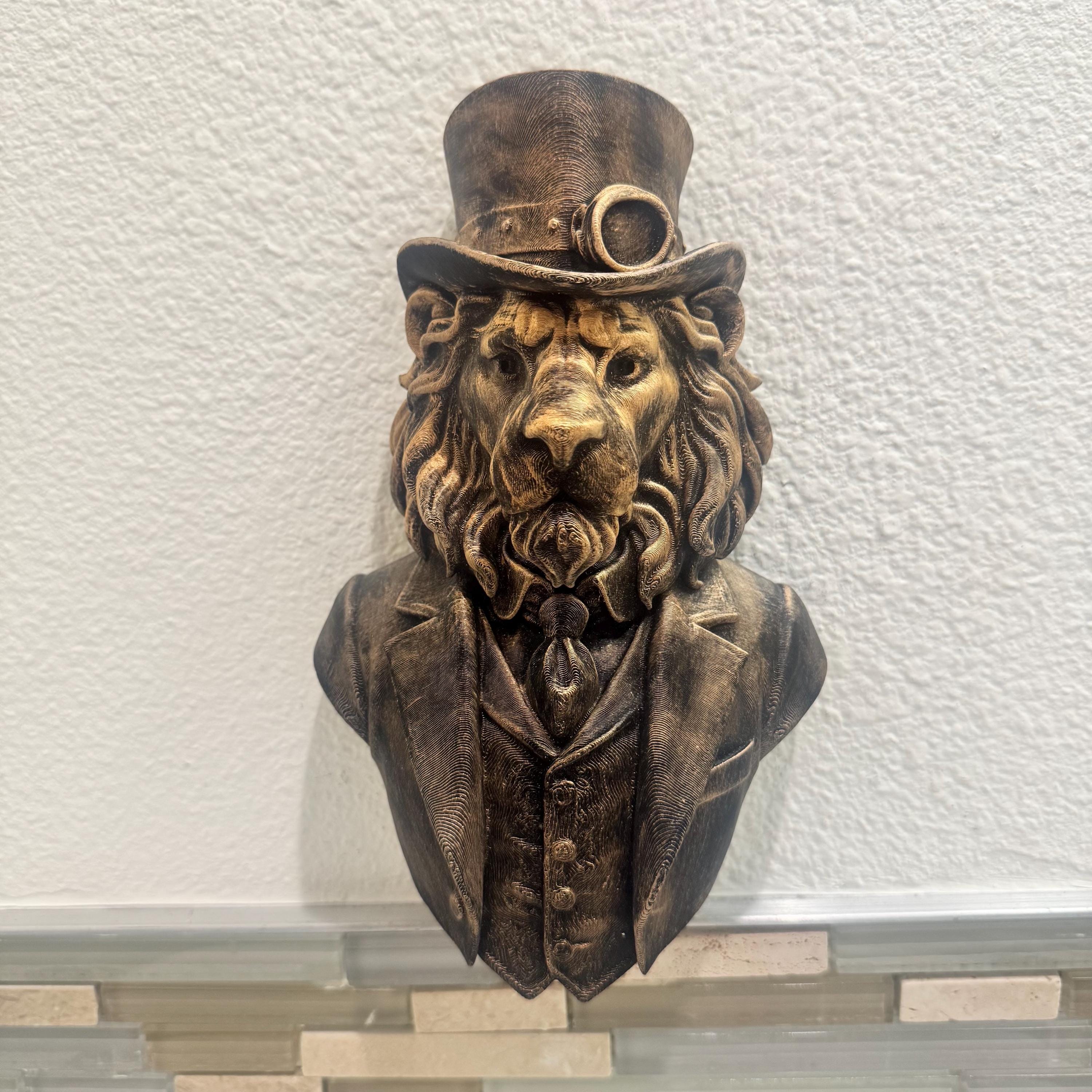Hand Painted Steampunk Lion Wall Sculpture | Victorian Style Lion in Suit | Hand Painted Animal Bust | Unique Rustic Home Decor Gift