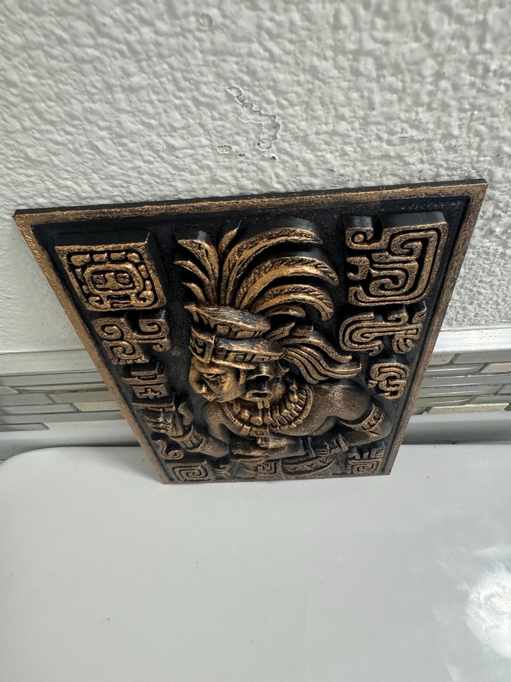 Aztec Warrior Wall Sculpture | Gold and Black Relief Mask | Mesoamerican Wall Art | Ancient Warrior Plaque | Man Cave Gift for Him