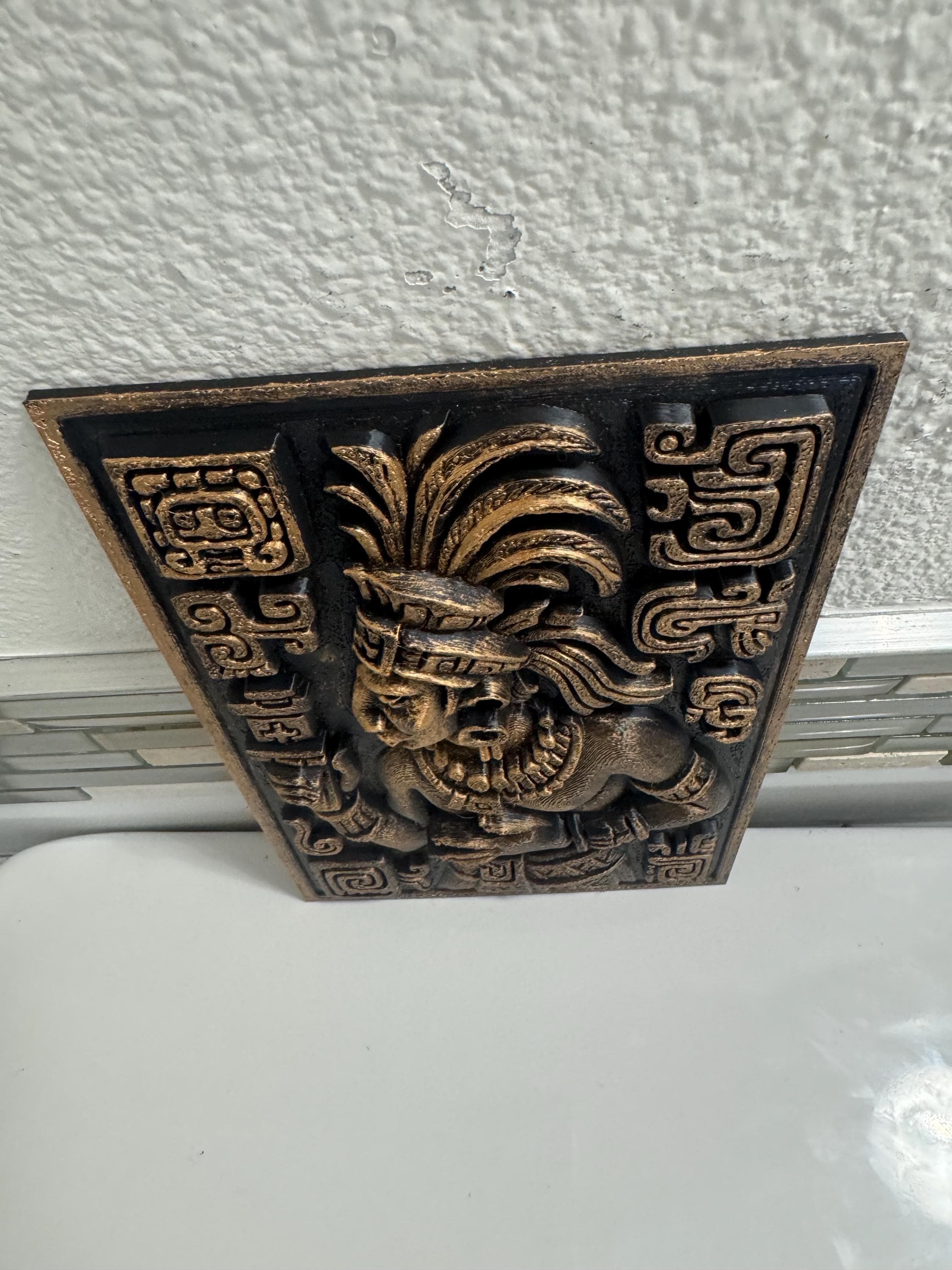 Aztec Warrior Wall Sculpture | Gold and Black Relief Mask | Mesoamerican Wall Art | Ancient Warrior Plaque | Man Cave Gift for Him