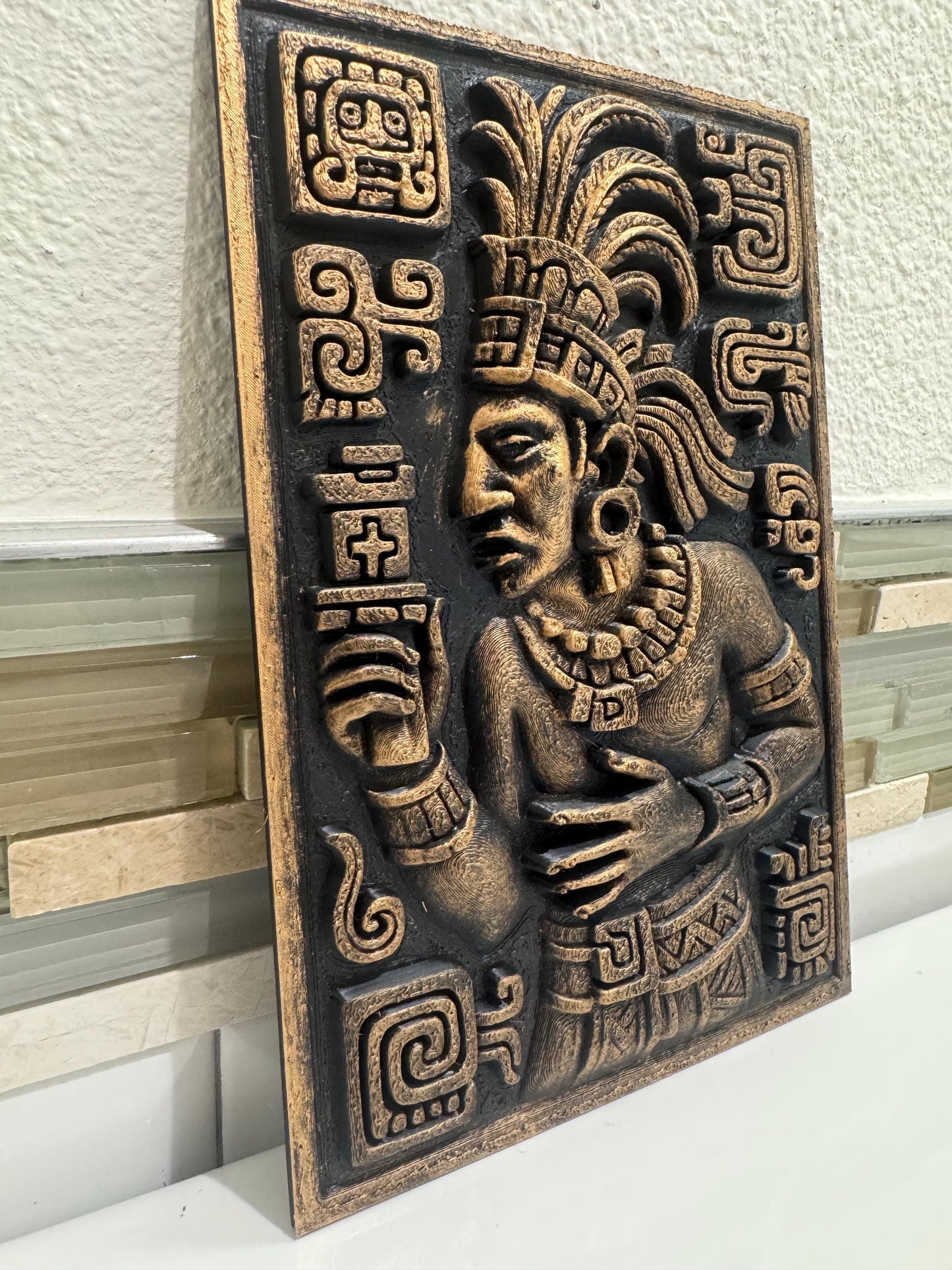 Aztec Warrior Wall Sculpture | Gold and Black Relief Mask | Mesoamerican Wall Art | Ancient Warrior Plaque | Man Cave Gift for Him
