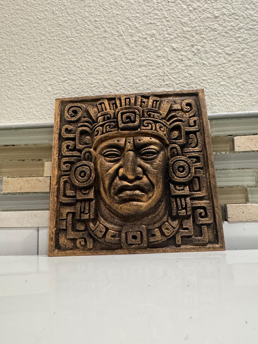 Aztec Warrior Wall Art: Bronze Stone Look, Tribal Decor (6x6 inches)