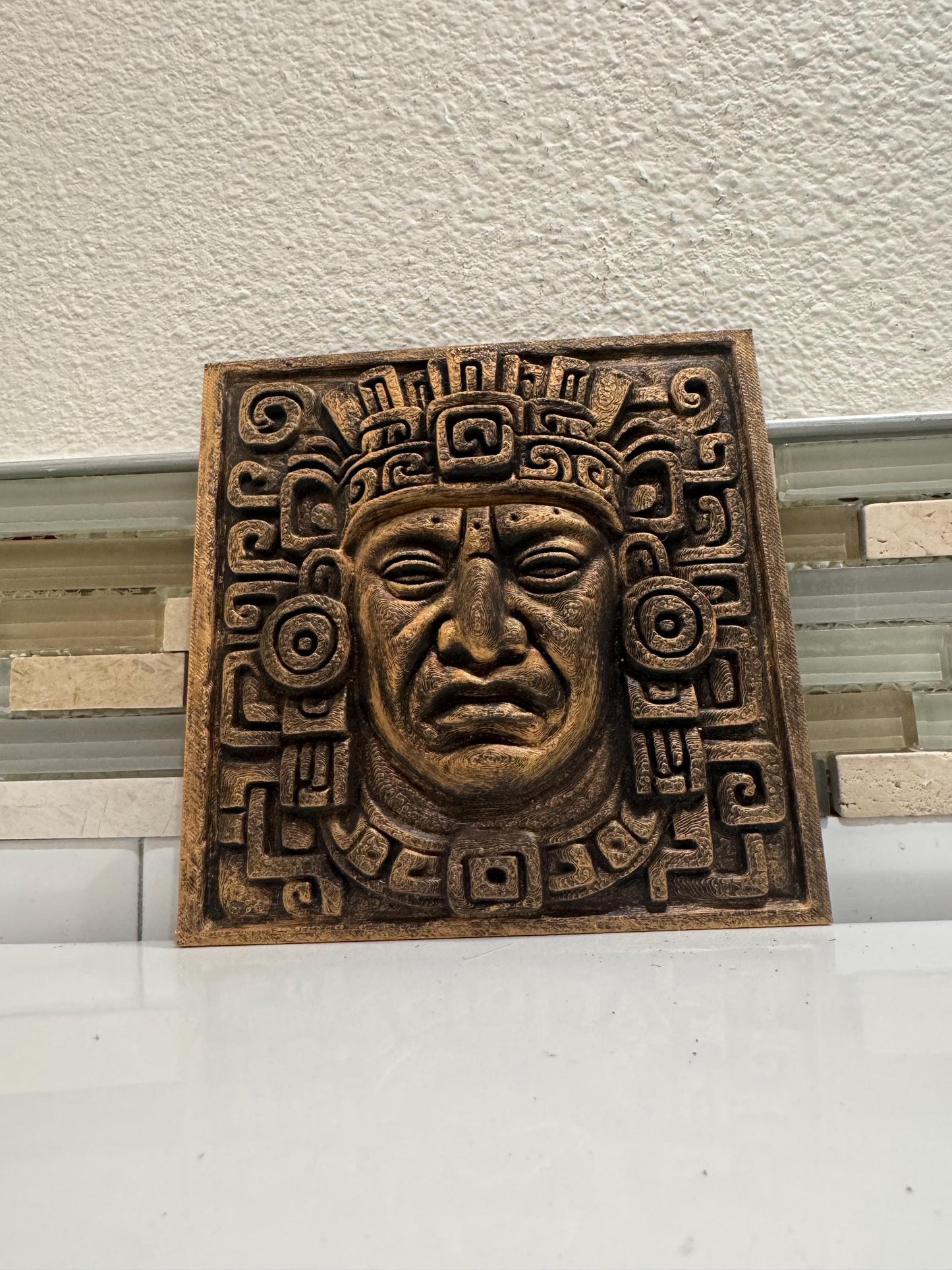 Aztec Warrior Wall Art: Bronze Stone Look, Tribal Decor (6x6 inches)