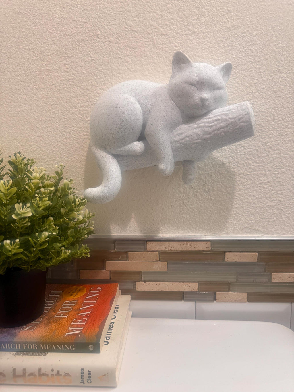 Sleeping Cat Wall Sculpture | Cozy Cat on Branch Home Decor | Cute Animal Lover Gift | Modern Minimalist Cat Wall Art | Feline Room Accent