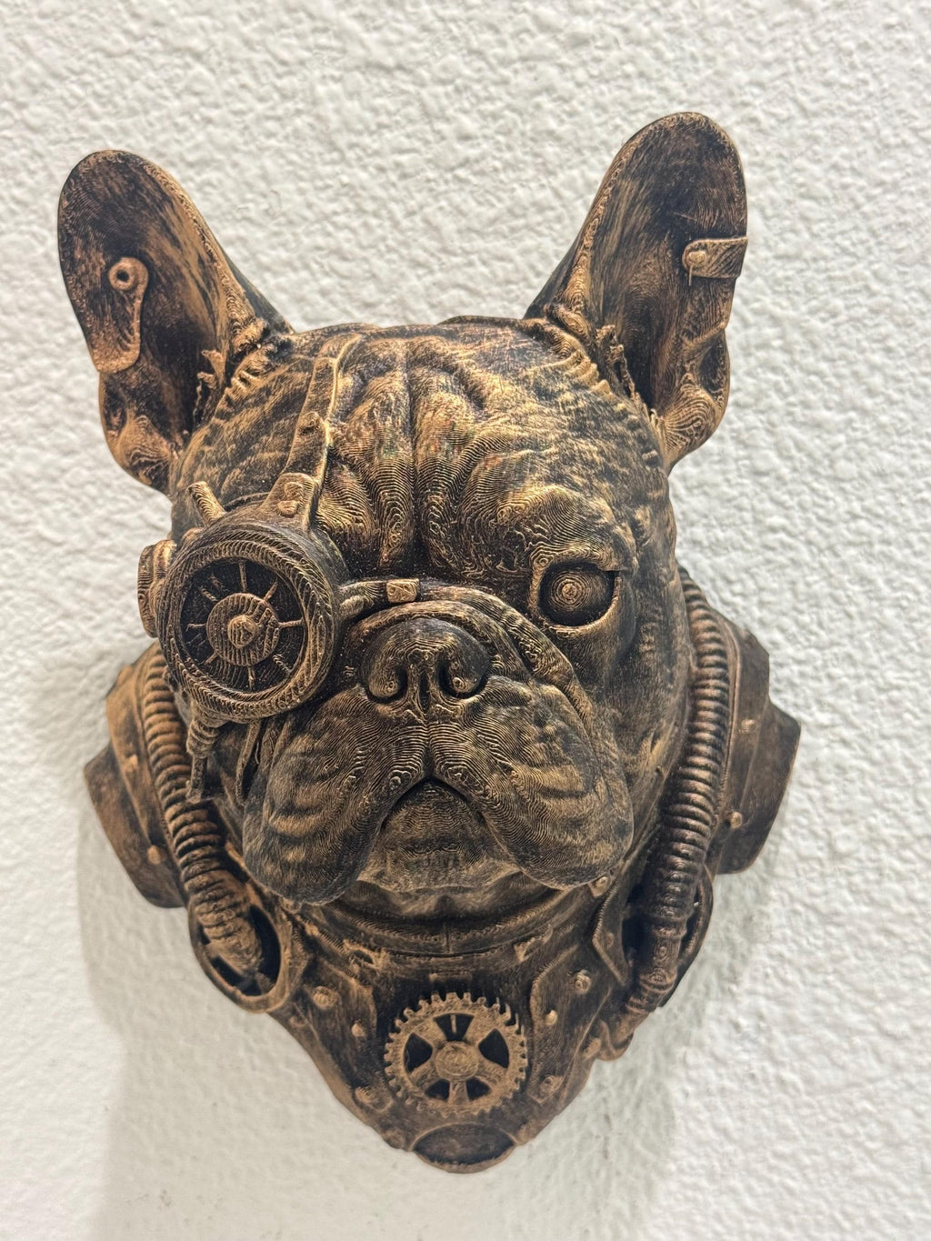 Steampunk French Bulldog Wall Sculpture – Bronze Gear Dog Head Art, Industrial Decor, Retro Futuristic Dog Wall Mount Gift for Dog Lovers