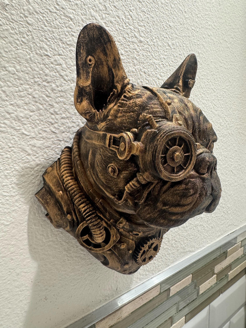 Steampunk French Bulldog Wall Sculpture – Bronze Gear Dog Head Art, Industrial Decor, Retro Futuristic Dog Wall Mount Gift for Dog Lovers