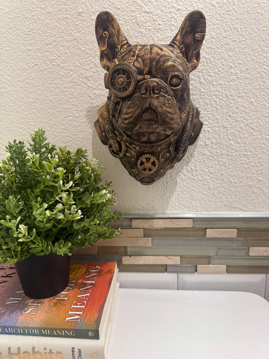 Steampunk French Bulldog Wall Sculpture – Bronze Gear Dog Head Art, Industrial Decor, Retro Futuristic Dog Wall Mount Gift for Dog Lovers