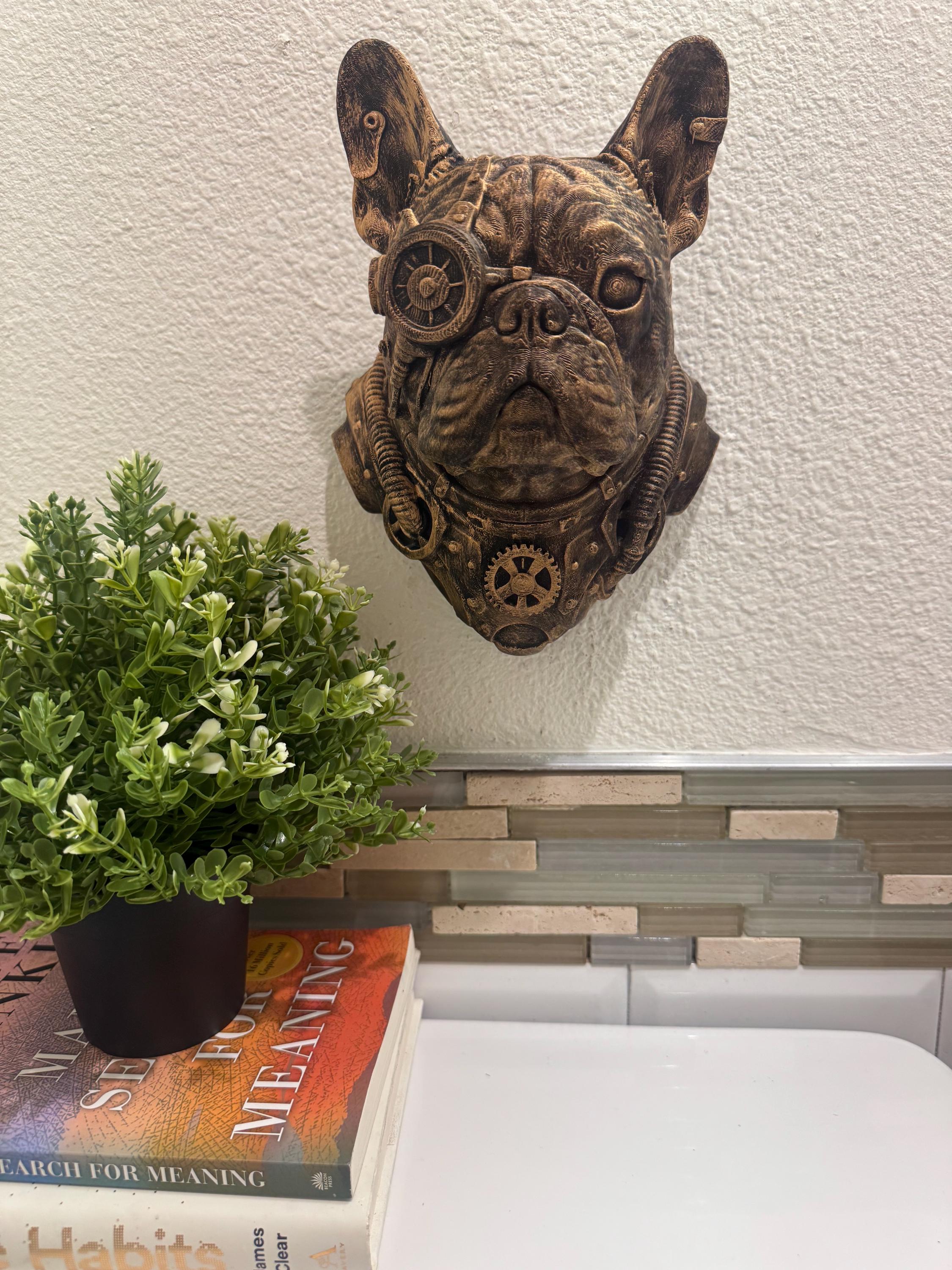Steampunk French Bulldog Wall Sculpture – Bronze Gear Dog Head Art, Industrial Decor, Retro Futuristic Dog Wall Mount Gift for Dog Lovers