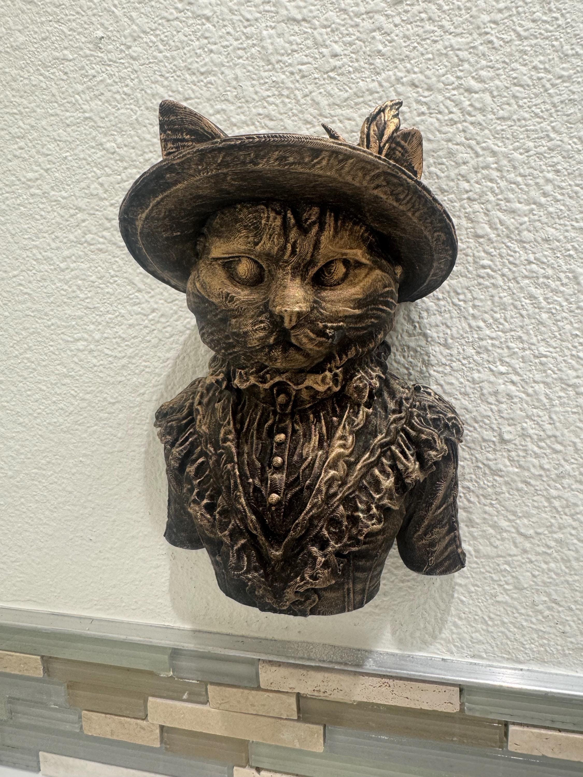 Hand Painted Cat Wall Sculpture – Victorian Dressed Cat Bust with Hat | Antique Bronze Animal Wall Art | Unique Cat Lover Gift Home Decor