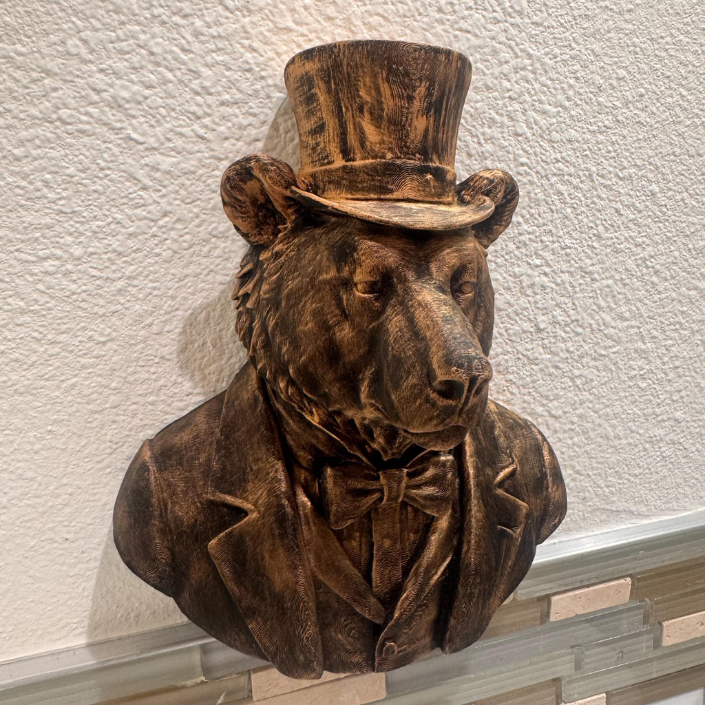 Hand Painted Bear Head Wall Sculpture | Animal Bust Decor | Rustic Lodge Wall Art | Gentleman Bear with Top Hat | Bear With Suit and Tie