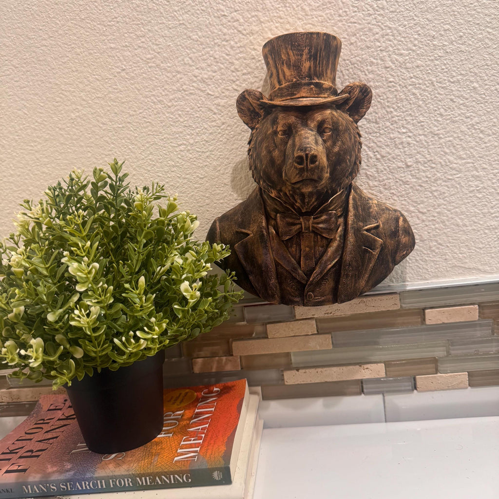 Hand Painted Bear Head Wall Sculpture | Animal Bust Decor | Rustic Lodge Wall Art | Gentleman Bear with Top Hat | Bear With Suit and Tie