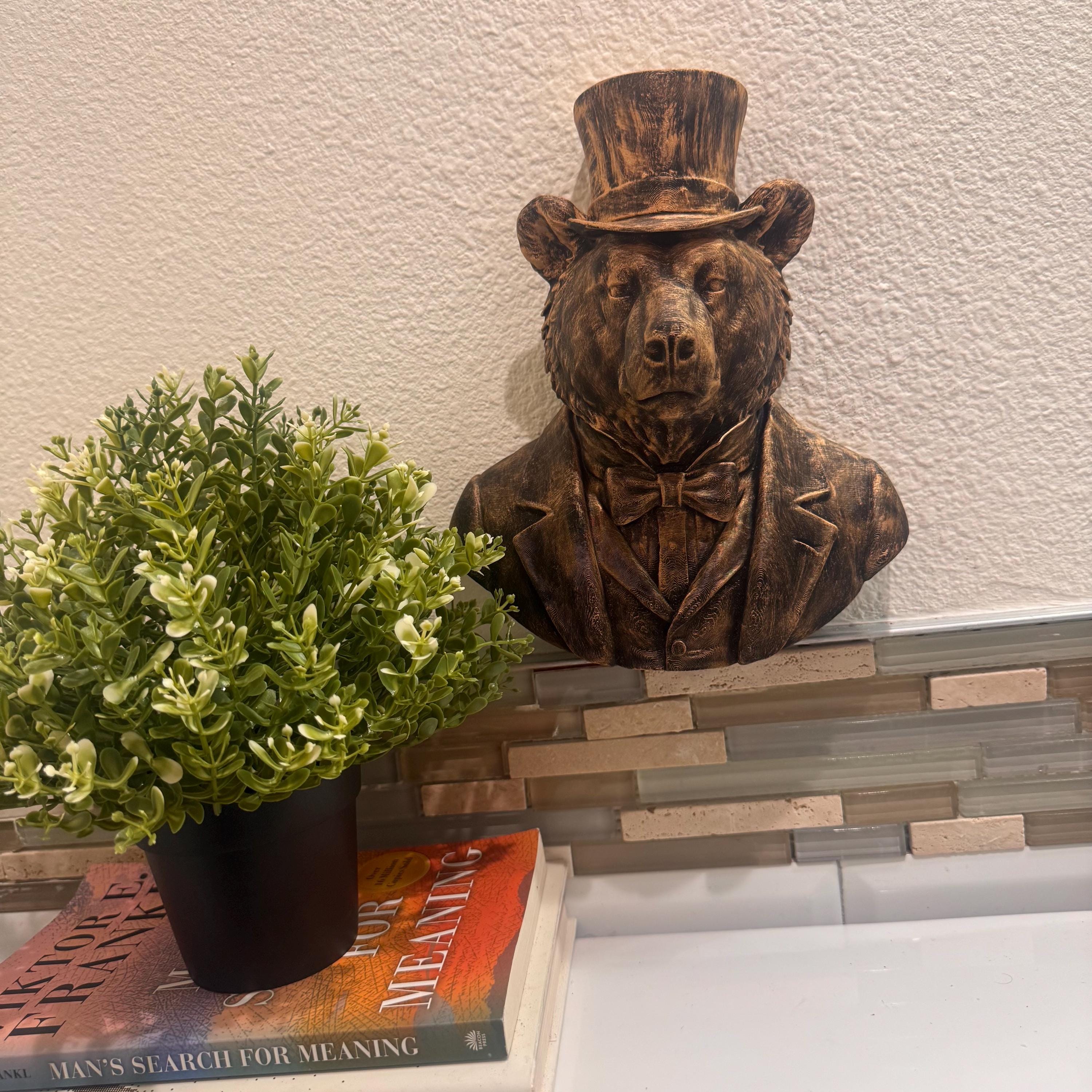Hand Painted Bear Head Wall Sculpture | Animal Bust Decor | Rustic Lodge Wall Art | Gentleman Bear with Top Hat | Bear With Suit and Tie