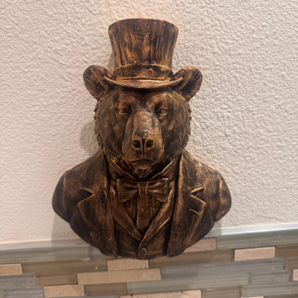Hand Painted Bear Head Wall Sculpture | Animal Bust Decor | Rustic Lodge Wall Art | Gentleman Bear with Top Hat | Bear With Suit and Tie