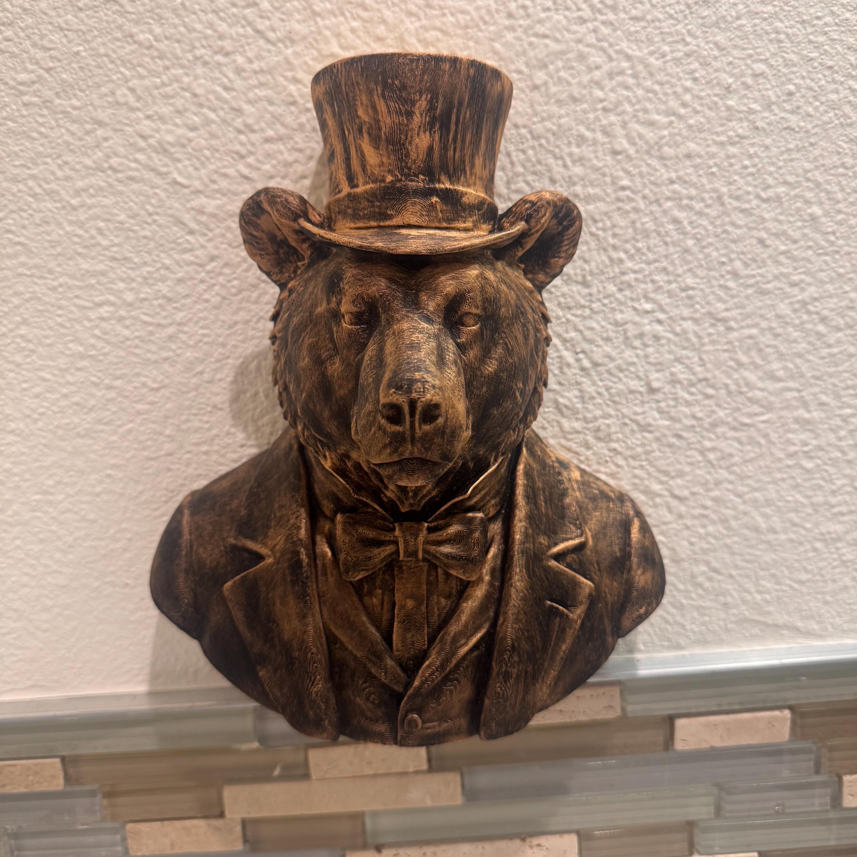 Hand Painted Bear Head Wall Sculpture | Animal Bust Decor | Rustic Lodge Wall Art | Gentleman Bear with Top Hat | Bear With Suit and Tie
