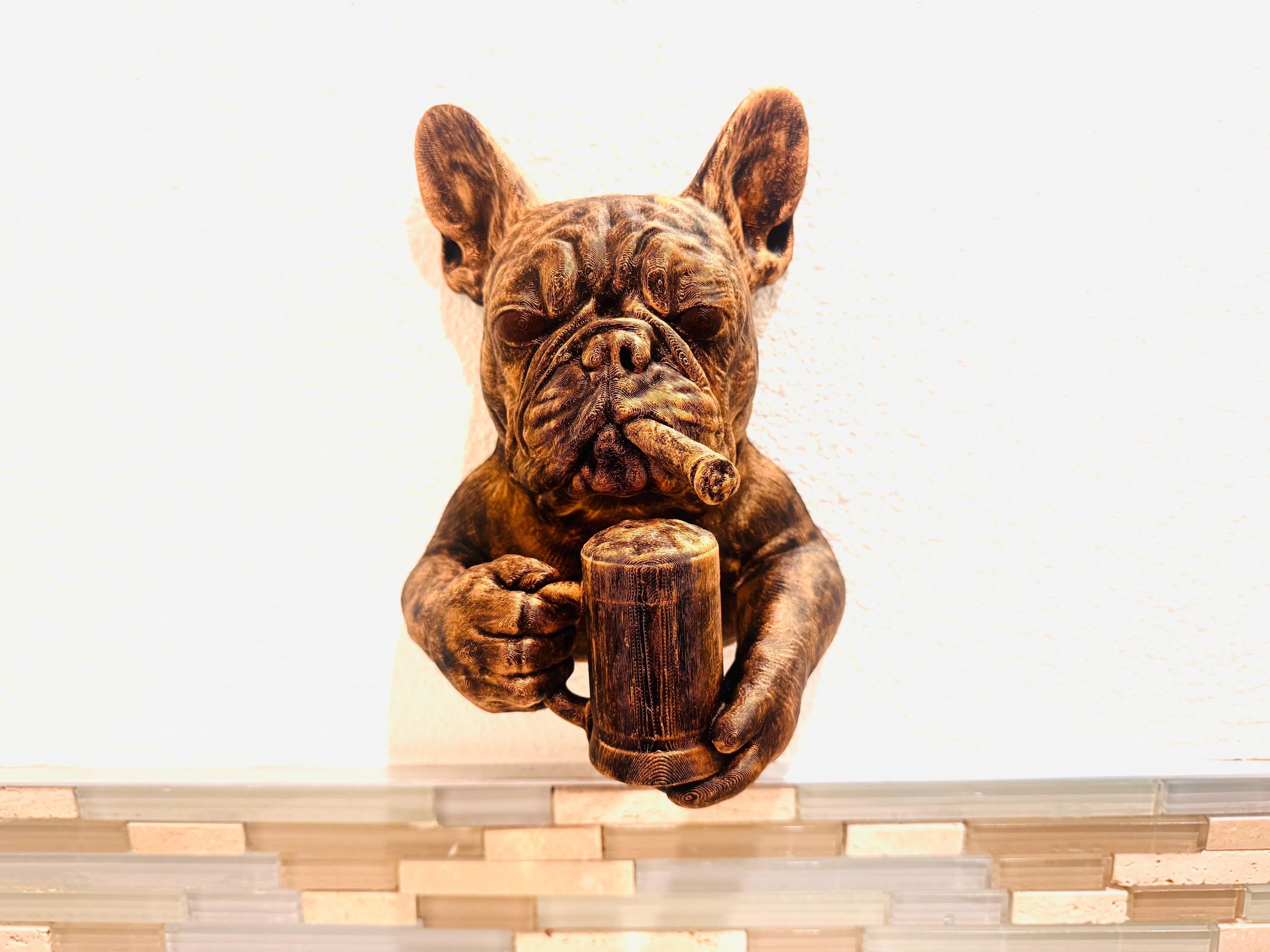 French Bulldog Wall Sculpture | Cigar & Beer Mug Dog Art | Funny Bar Decor | Man Cave Gift | Rustic Bulldog Wall Mount | Pub Wall Art