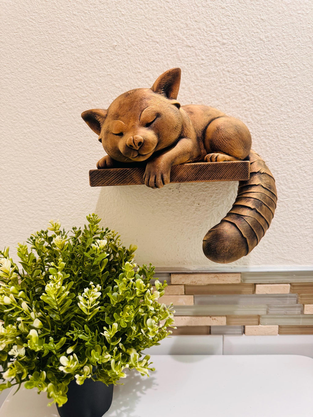 Red Panda Wall Shelf | Sleeping Animal Sculpture | Faux Bronze Floating Display | Exotic Wildlife Decor | Cute Nursery Accent