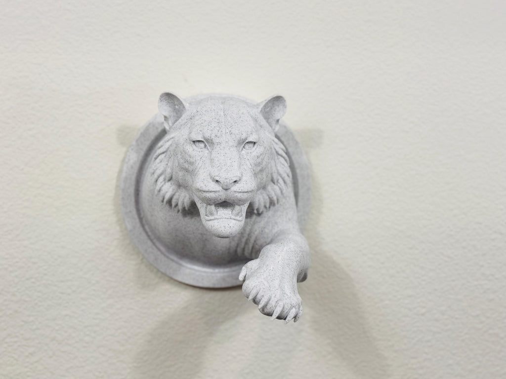 Tiger Wall Mount Sculpture • Fierce Tiger Wall Art with Reaching Paw • Stone Speckle Finish • Animal Decor for Home Office or Gift