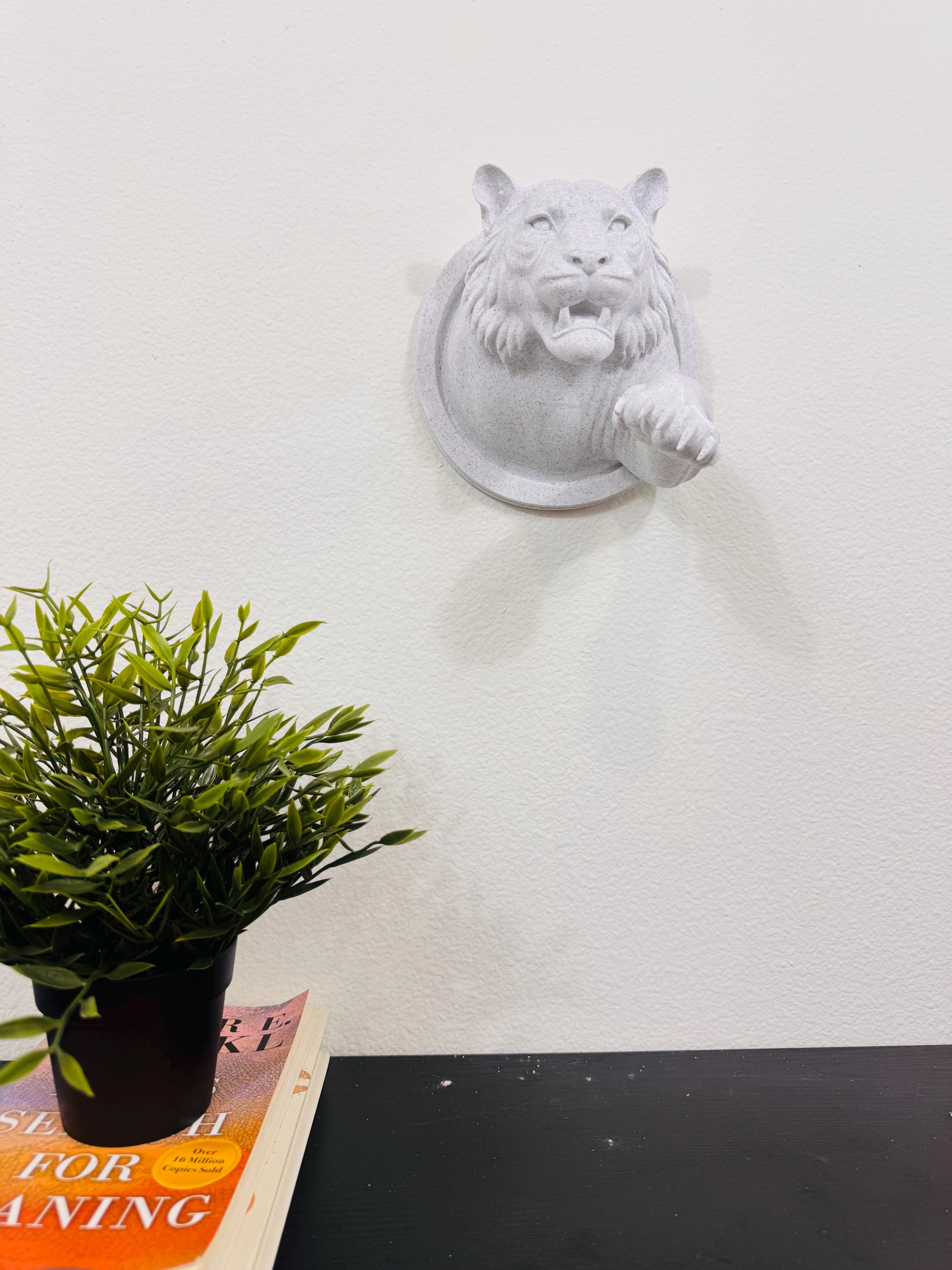 Tiger Wall Mount Sculpture • Fierce Tiger Wall Art with Reaching Paw • Stone Speckle Finish • Animal Decor for Home Office or Gift